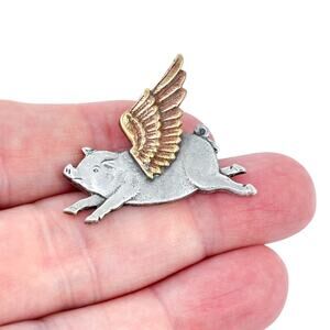 Vintage USA Whitehead & Hoag Sterling Silver 925 Surrealist Flying Pig Brooch